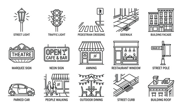 Comprehensive collection of urban street elements and city life line icons