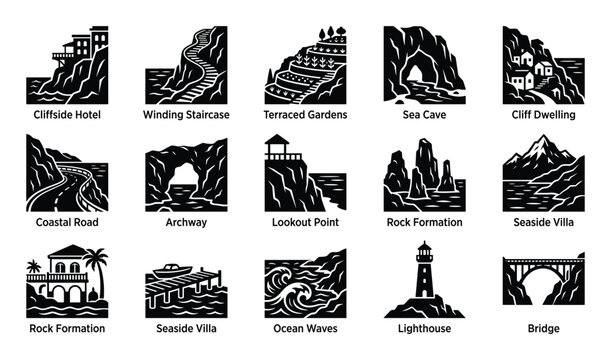 Collection of black and white silhouette icons depicting various coastal and cliffside landscapes and structures