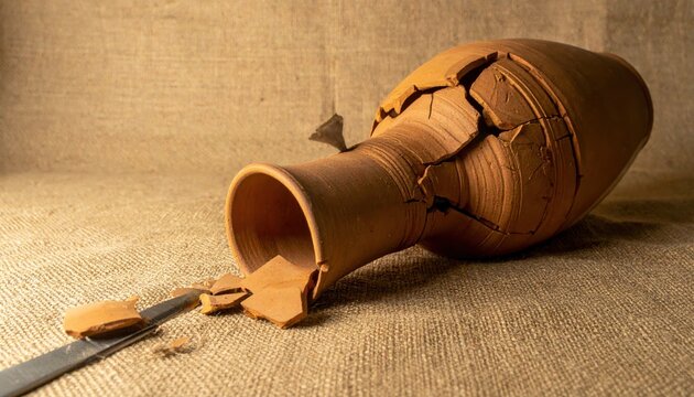 Broken Terracotta Pottery Shards Reassembled on Textured Fabric