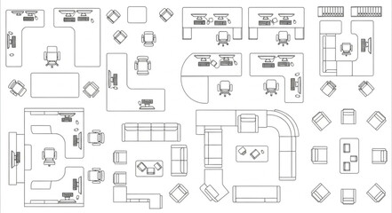 Office floor plan layout design schematic with furniture and workstations. © Kipen