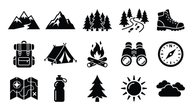 Collection of black silhouette camping and hiking icons, representing outdoor adventure