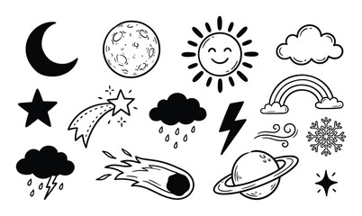 Obraz premium Hand-drawn black and white weather and space icons including sun, moon, clouds, and stars