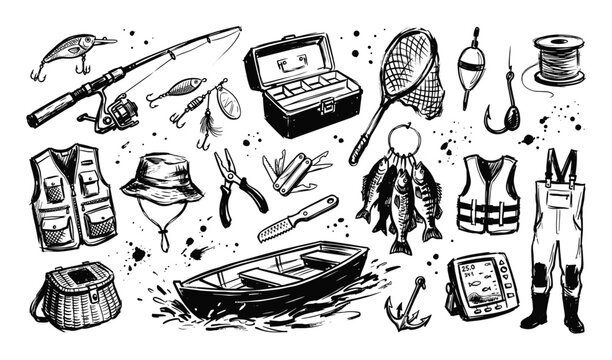 Comprehensive collection of hand-drawn fishing equipment and accessories, including rods, reels, lures, and a boat, rendered in a classic black and white sketch style