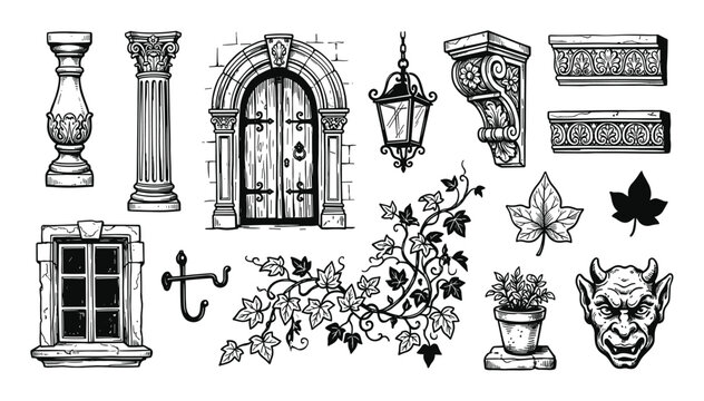 Various hand-drawn architectural elements and decorative objects are depicted in a classic black and white sketch style