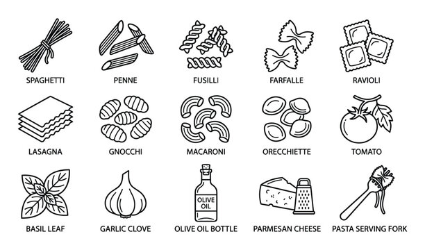 Comprehensive collection of black outline icons illustrating various Italian pasta types and cooking ingredients