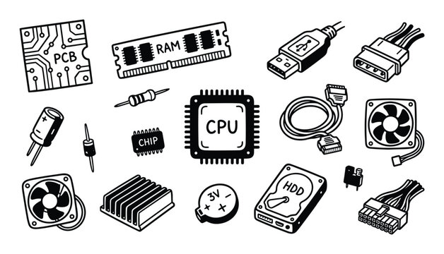 Various black and white computer hardware components are arranged in a simple, graphic style