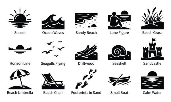 Collection of black silhouette beach and ocean themed icons