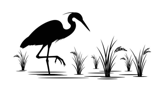 Black silhouette of a heron bird.