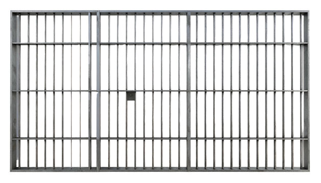 A frontal view depicts a prison cell's barred door, the metal structure detailed against a black background. The bars are vertically oriented