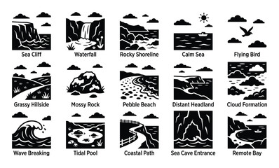 Fototapeta premium Collection of black and white vector icons depicting various natural coastal and landscape elements