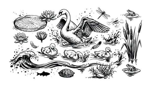 Detailed hand-drawn black and white illustration of various pond life elements including a majestic swan, playful ducklings, lily pads, and a frog