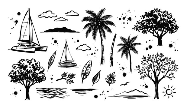 Hand-drawn black and white tropical elements including palm trees, sailboats, and clouds with ink splatters