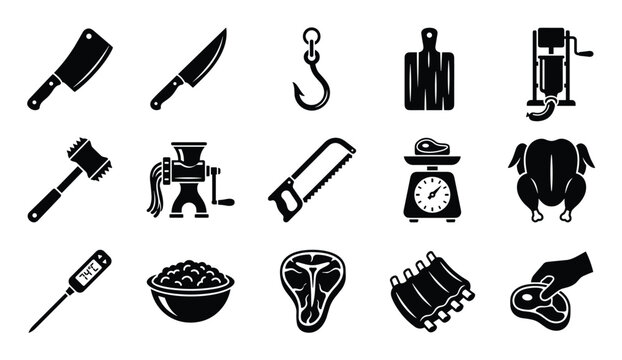 Collection of black silhouette butcher shop tools and meat products