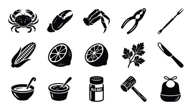 Collection of black and white crab feast icons including seafood, tools, and condiments