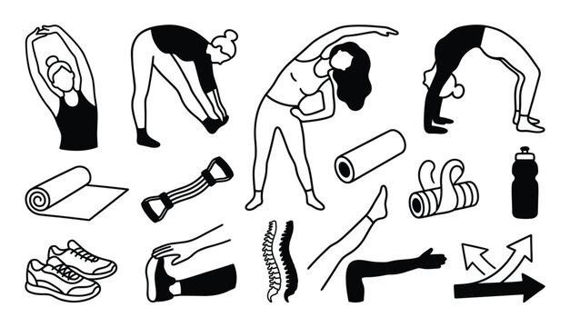 Collection of black and white line art icons depicting various fitness activities and exercise equipment