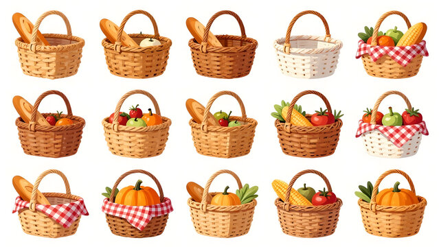 Woven baskets filled with bread fruit and vegetables on white background