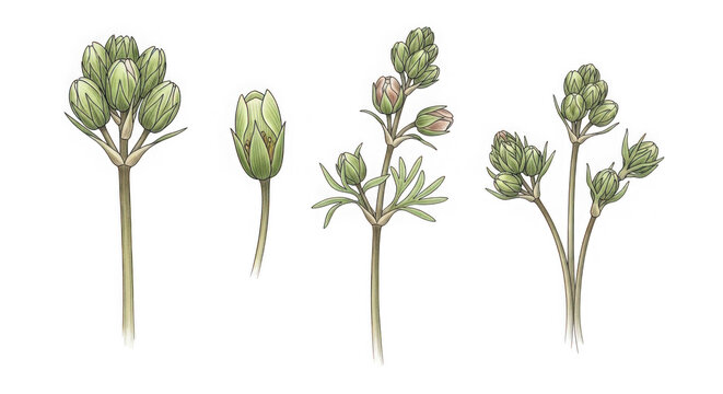 wild artichoke thistle buds and stems isolated on transparent background