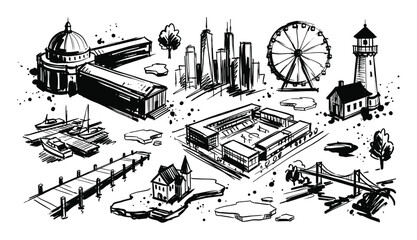 Obraz premium Collection of various hand-drawn black and white architectural and landscape elements with a sketch-like, artistic style