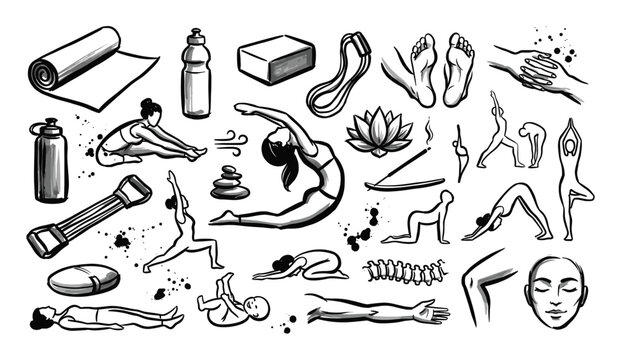 Comprehensive collection of hand-drawn yoga poses and wellness items in a black and white sketch style