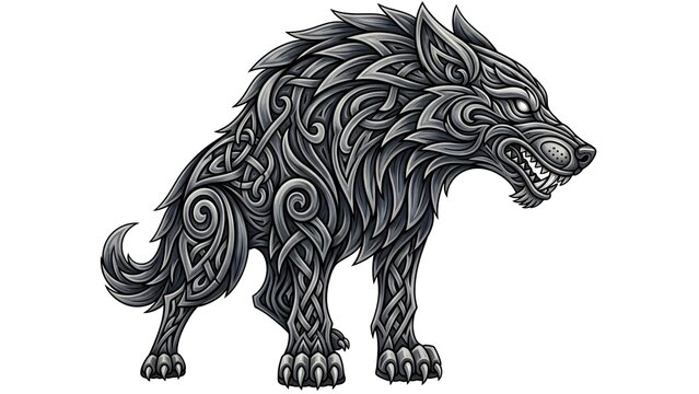 A Norse-inspired wolf illustration with intricate knotwork patterns, representing strength and mythology