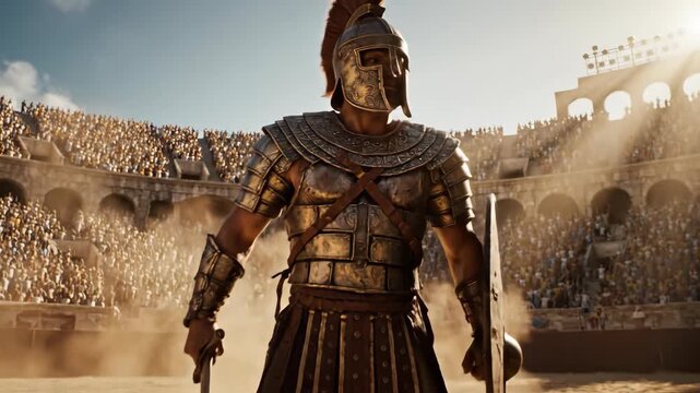 Epic Roman Gladiator Entering Sunlit Colosseum Arena with Shield and Sword