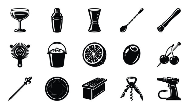 Collection of various black and white cocktail bar tools and ingredients, including shakers, glasses, fruits, and accessories, presented as simple icons