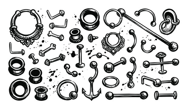 Diverse collection of hand-drawn body piercing jewelry in black and white ink style with splatter details