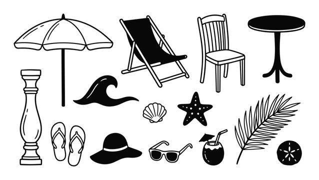 Collection of black and white hand-drawn summer and beach-themed icons, including an umbrella, chair, and various vacation elements