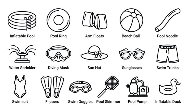 Comprehensive collection of black outline icons representing various swimming pool accessories and summer items