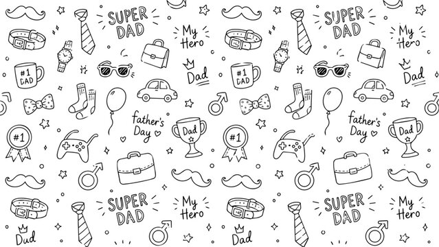 Fathers Day doodle pattern with various dad related items.