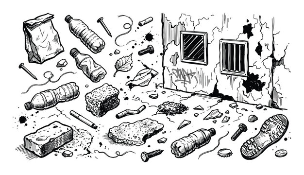 Various hand-drawn discarded trash items and urban debris are scattered with a grungy wall