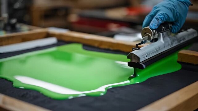 Gloved hand using squeegee to spread vibrant green ink across screen printing mesh on wooden table in workshop