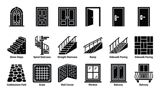 Comprehensive collection of various architectural elements and building components presented as black glyph icons