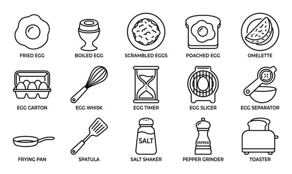 Comprehensive collection of various egg dishes and kitchen tools presented as simple black line art icons