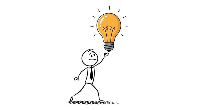 Stick figure businessman holding a glowing light bulb representing a new idea or innovation.