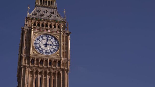 Detailed close-up of the Big Ben clock face under a clear blue sky
