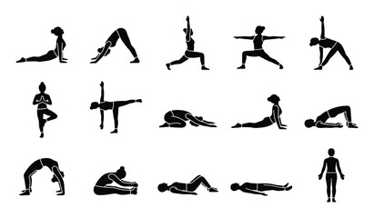 Obraz premium Collection of black silhouette female figures demonstrating various yoga poses