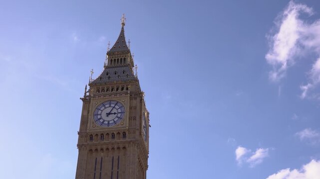 Detailed close-up of the Big Ben clock face under a clear blue sky