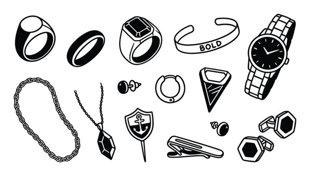 Collection of various men's jewelry and accessories in a bold black and white line art style