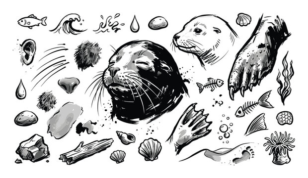 Collection of hand-drawn black and white marine life elements, including seals, fish, shells, and water splashes