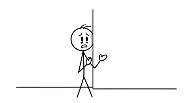 Stick figure peeking around corner with sad expression and hand on chest.