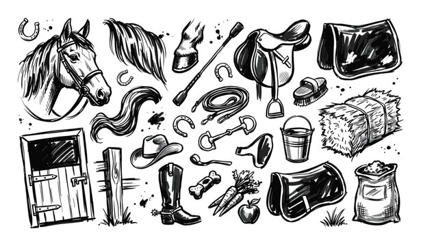 Collection of hand-drawn equestrian and farm-related objects, including a horse head, saddle, boot, and hay bale, in a black and white sketch style