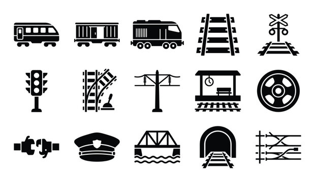 Collection of black silhouette railway and train related icons, representing various elements of rail transport
