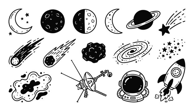 Collection of various black and white hand-drawn space elements, including planets, moons, stars, rockets, and an astronaut helmet