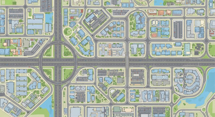 Obraz premium Aerial View of a Modern City Plan with Roads and Buildings.