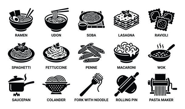 Comprehensive collection of black and white noodle and pasta icons, including various dishes and cooking tools, presented