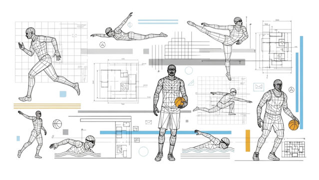 Baseball player in various poses with 2D CAD designs and illustrations