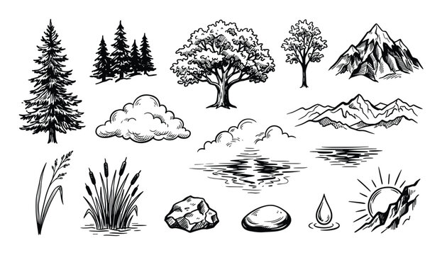 Various hand-drawn nature elements are depicted in a classic sketch style, including trees, mountains, clouds, water, and rocks