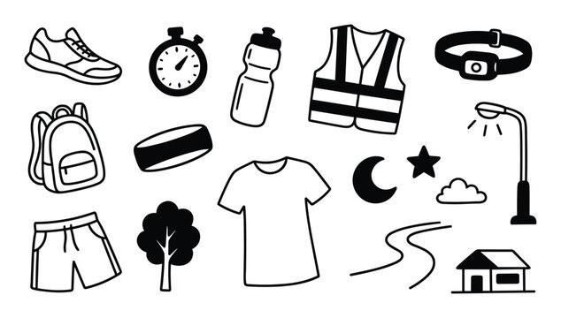 Various black and white doodle icons representing running gear and outdoor elements