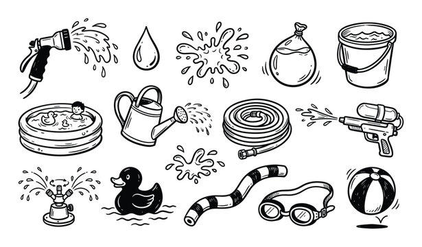 Various hand-drawn doodle style water-related objects and activities, including a hose, sprinkler, bucket, and pool